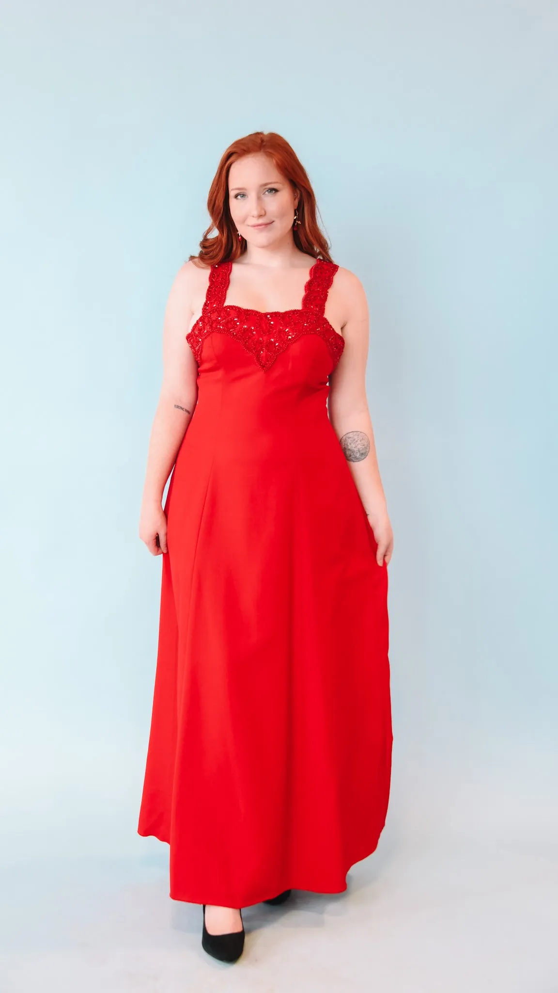 1990s Alyce Red Beaded Maxi Dress, sz. M/L