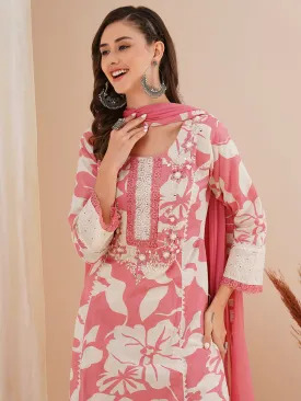 Abstract Floral Printed & Embroidered A-Line Kurta with Pant & Dupatta - Pink