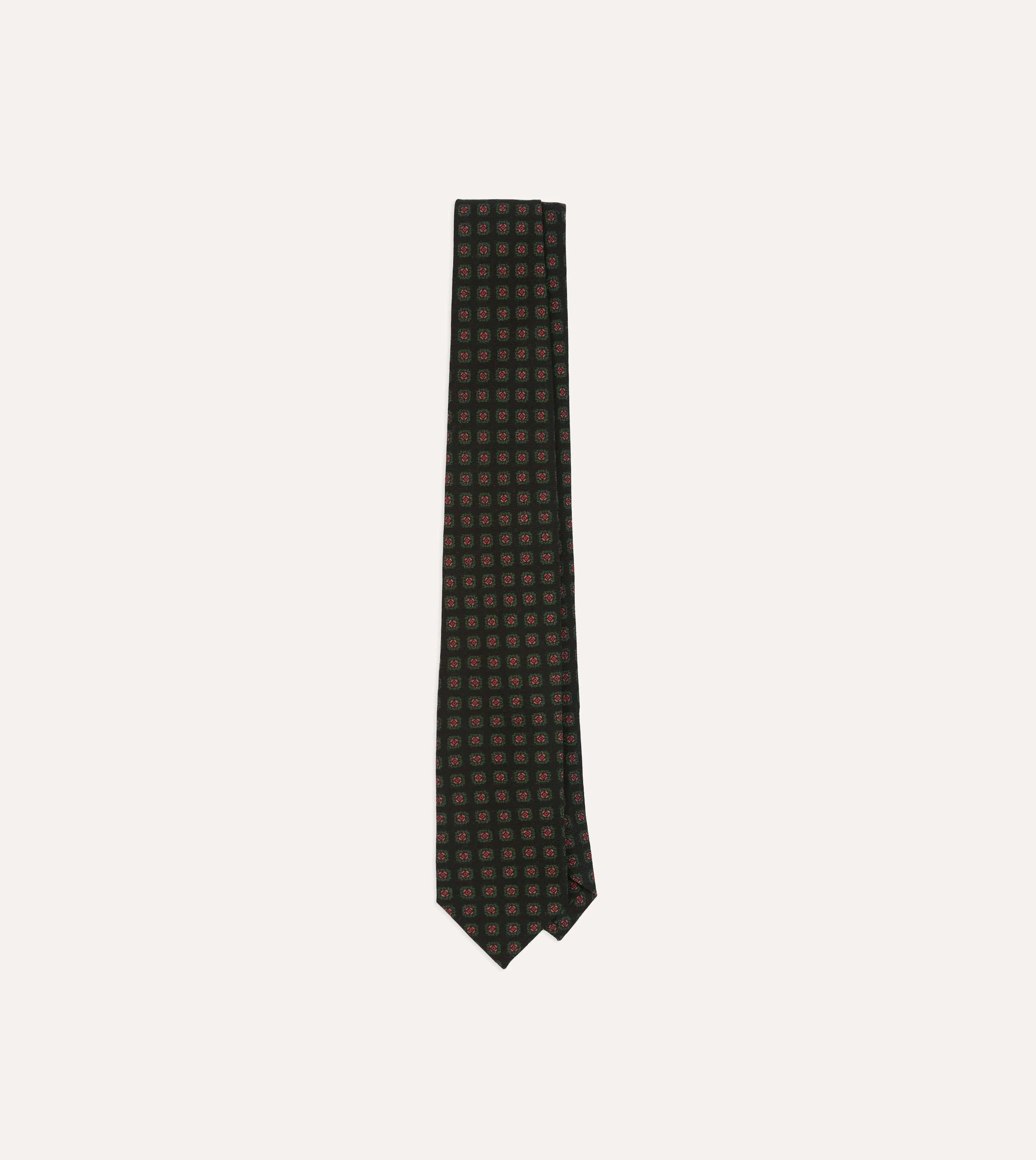 Black Green, and Red Diamond Print Check Self-Tipped Wool Tie