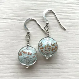 Earrings with light (pale) blue dust aventurine dust and silver Murano glass small lentil drops