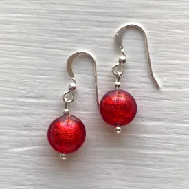 Mini Lentil Drop Earrings with Light Red Murano Glass on Silver or Gold Hooks