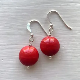 Earrings with red pastel Murano glass small lentil drops on silver or gold shepherds hooks