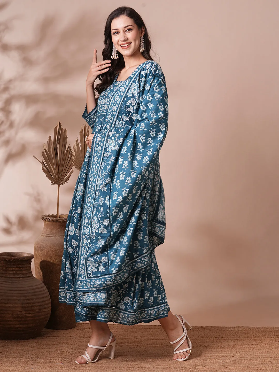 Ethnic Floral Printed Embroidered Anarkali Flared Kurta with Pant and Dupatta - Blue