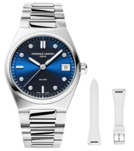 Frederique Constant Highlife Stainless Steel Blue Dial Diamonds Interchangeable White Rubber Strap Date Quartz Womens Watch FC-240ND2NH6B