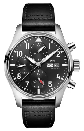 IWC Pilot's Automatic Chronograph Stainless Steel Black Dial Black Leather Strap Day/Date Mens Watch IW388111