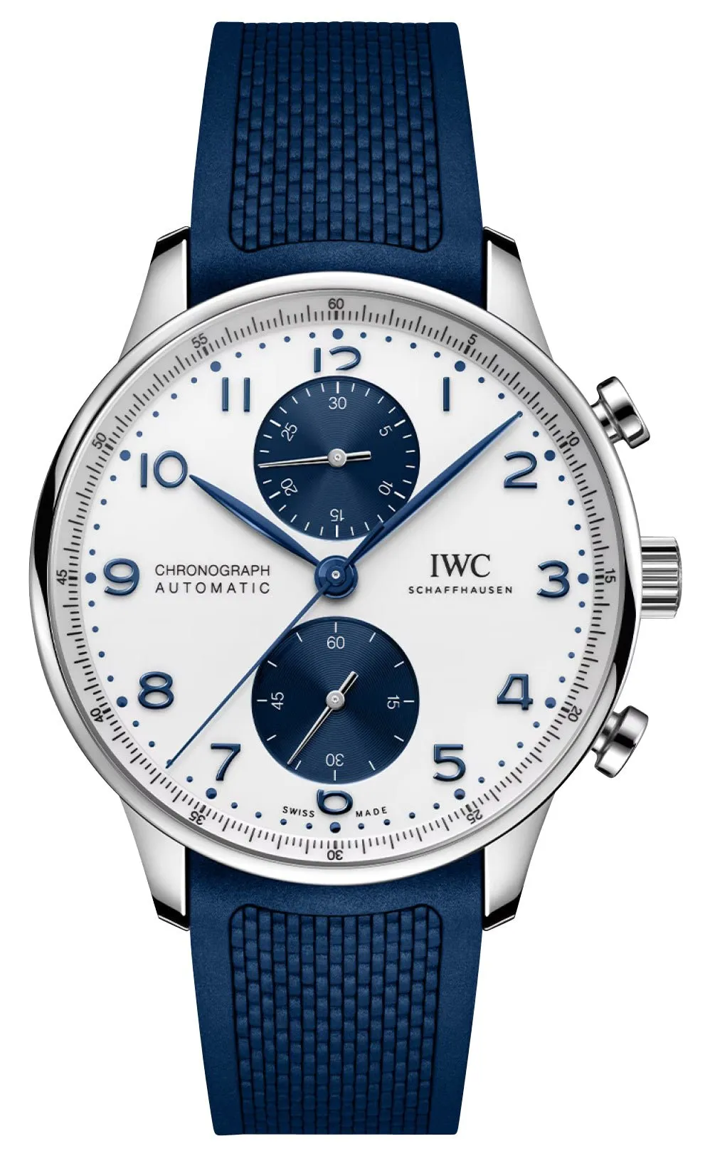 IWC Portugieser Automatic Chronograph Stainless Steel White Dial Blue Rubber Strap Mens Watch IW371620