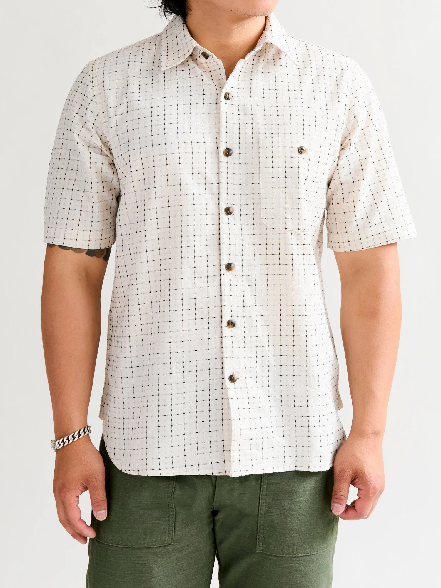 "Sashiko Grid" Oxford Shirt in Natural