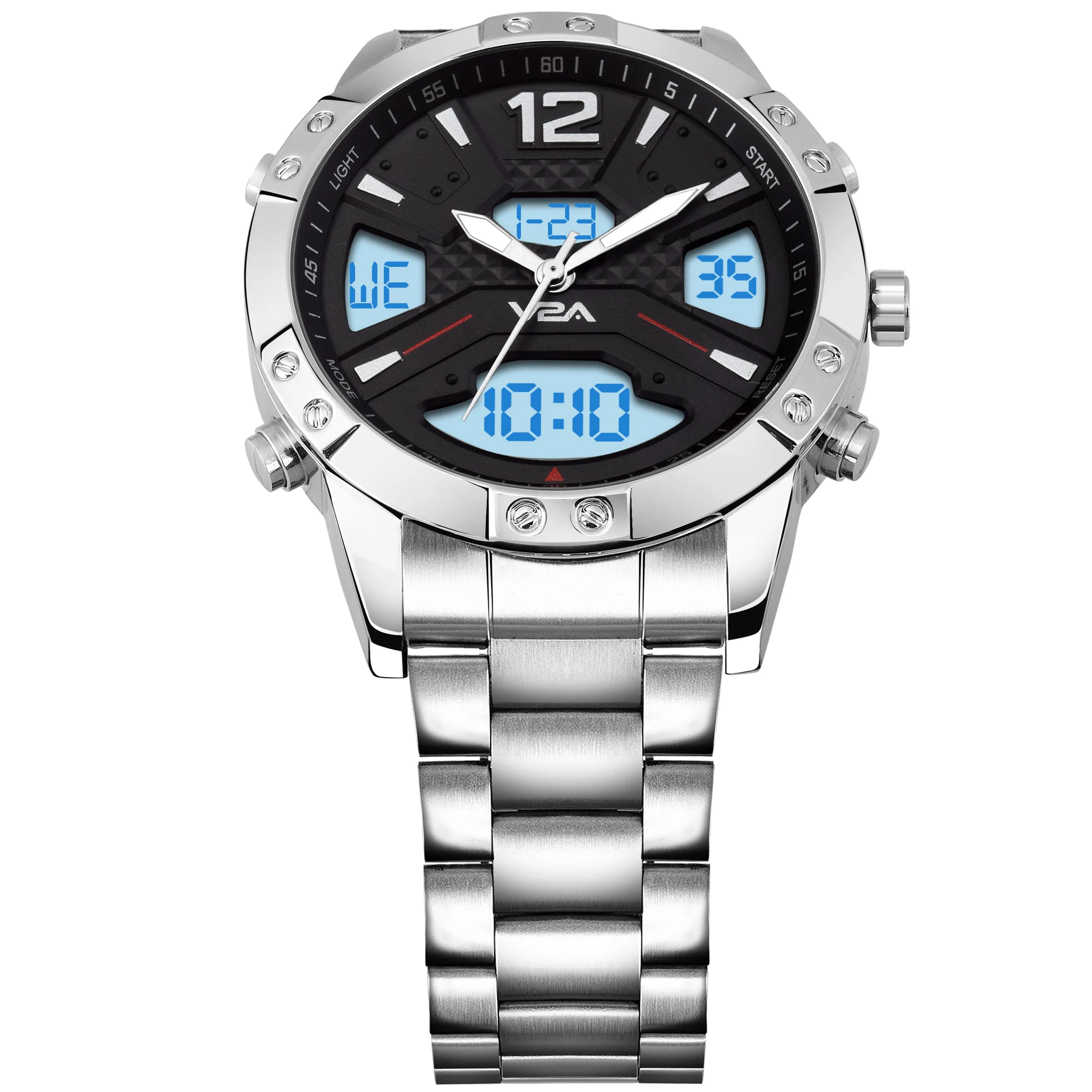 V2A Dress Unique Casual Blue Display Analog-Digital Stainless Steel Multifunction Watch For Men And Boys